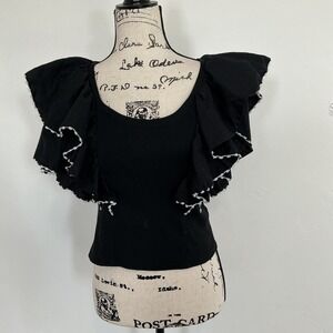 Anthropologie Ruffle Sleeve Top Womens XS Black Excellent Ribbed Crochet Trim